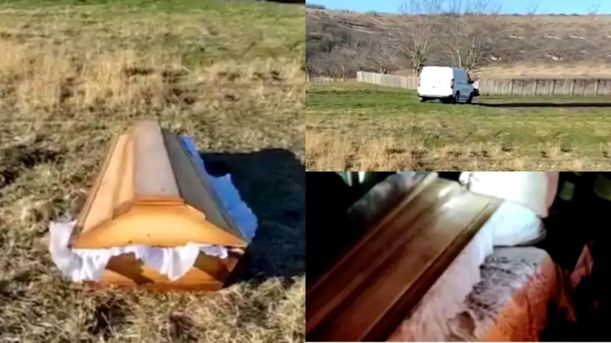 Sicriul cu un bărbat mort, abandonat pe câmp după ce dricul n-a mai putut înainta prin noroi