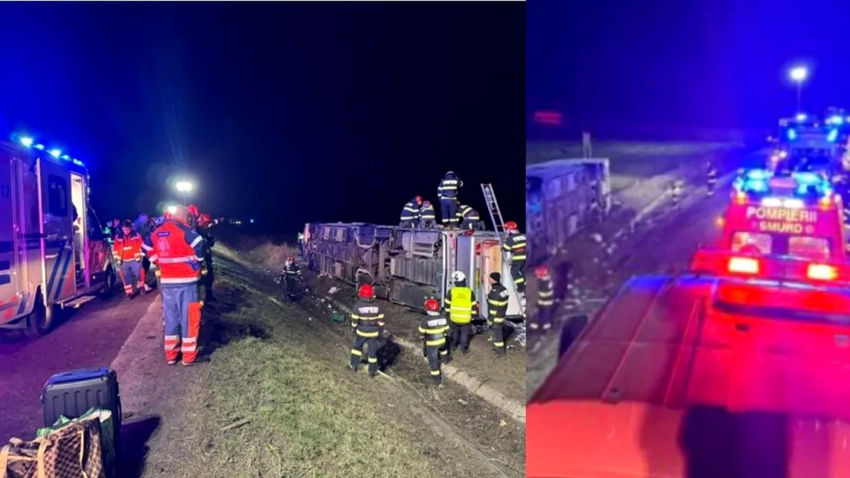 Plan roșu activat, după ce un autocar cu 44 de pasageri s-a răsturnat în Vaslui. Un bărbat a murit