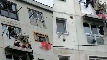 Bărbat căzut de la etajul 4, salvat în ultima clipă. A rămas agățat pe copertina unui apartament VIDEO