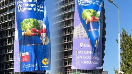 (VIDEO) LIDL pune în pericol pietonii și circulația pe drumurile publice, amplasând un banner publicitar cât un bloc de 14 etaje, fără să dețină avizele și expertizele legale în vigoare