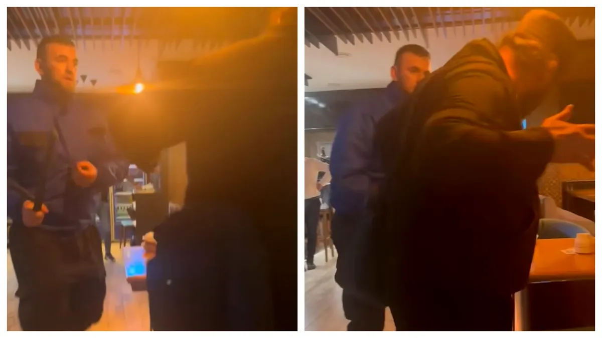 Scene șocante într-un restaurant din Focșani! Un agent de pază îl lovește cu bestialitate pe un bărbat îmbrăcat în călugăr. Nimeni nu a intervenit