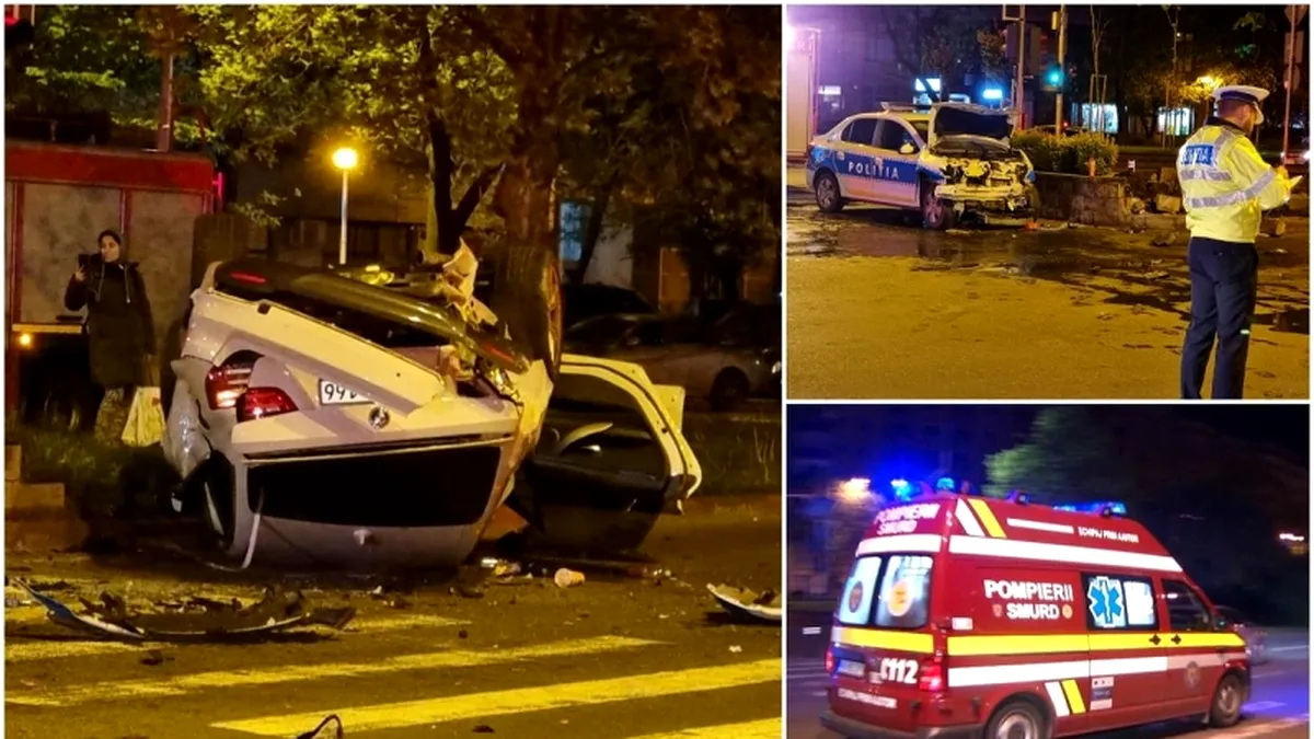 Un Logan al Poliției a făcut praf un BMW în Capitală. Doi polițiști au ajuns la spital