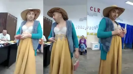 Distracție maximă într-o secție din județul Botoșani! Un bărbat a venit într-o rochie de seară elegantă, cu pălărie și sutienul la vedere