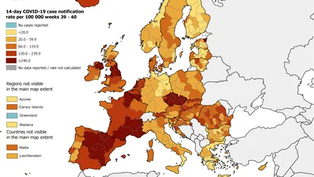 Harta europeană a țărilor cu risc epidemic este colorată majoritar în roșu