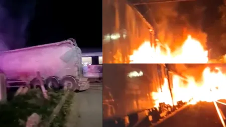 Tren în flăcări la Filipești. 200 de călători au fost evacuați după ce o autocisternă s-a ciocnit de unul dintre vagoane