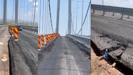 S-a topit asfaltul pe podul de la Brăila! Imaginile dezastrului