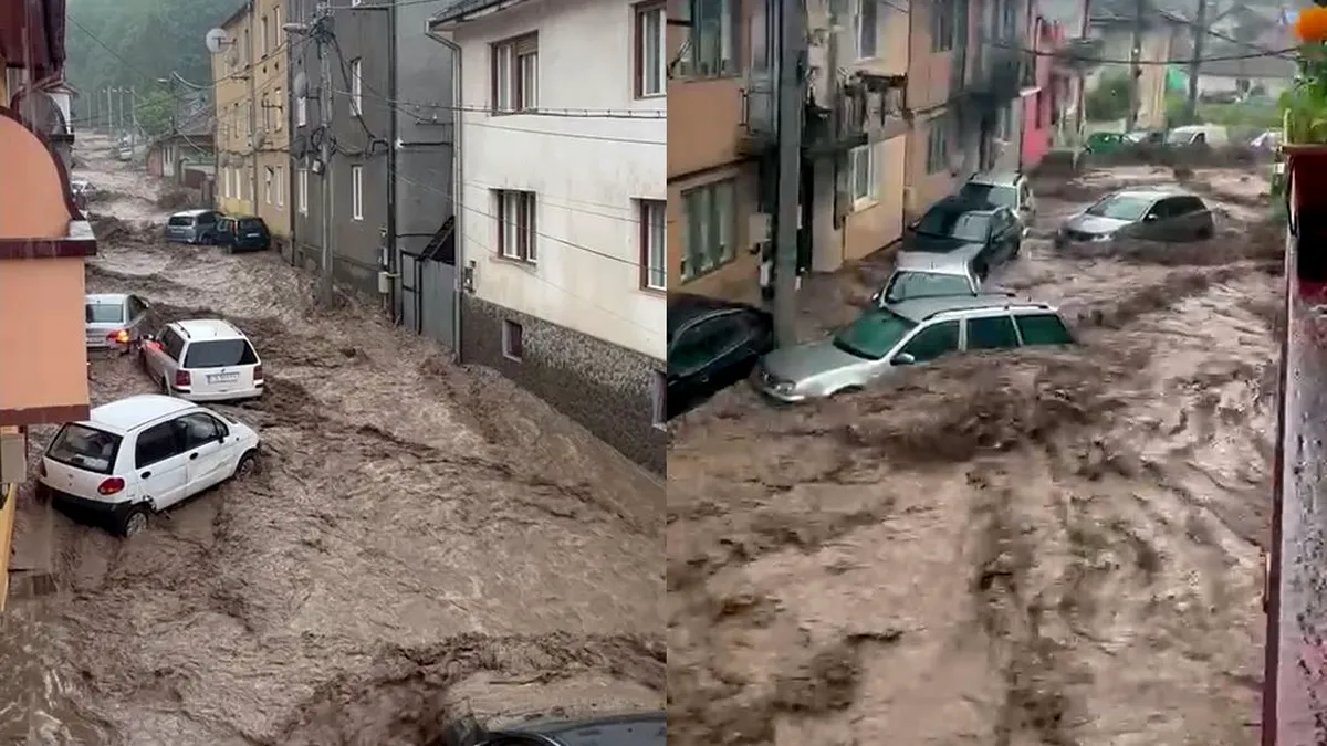Străzi inundate la Reşiţa, în urma precipitaţiilor puternice
