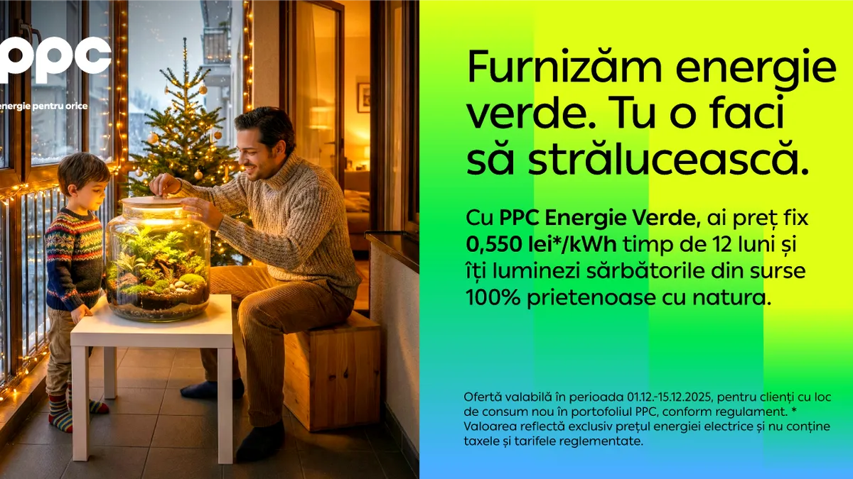 PPC Energie vine cu o ofertă nouă înainte de sărbători pentru PPC Energie Verde - energie 100% regenerabilă la un preț „verde” garantat timp de un an