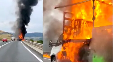 Incendiu puternic pe o autostradă din Cluj. Un camion plin cu mobilă a ars în totalitate