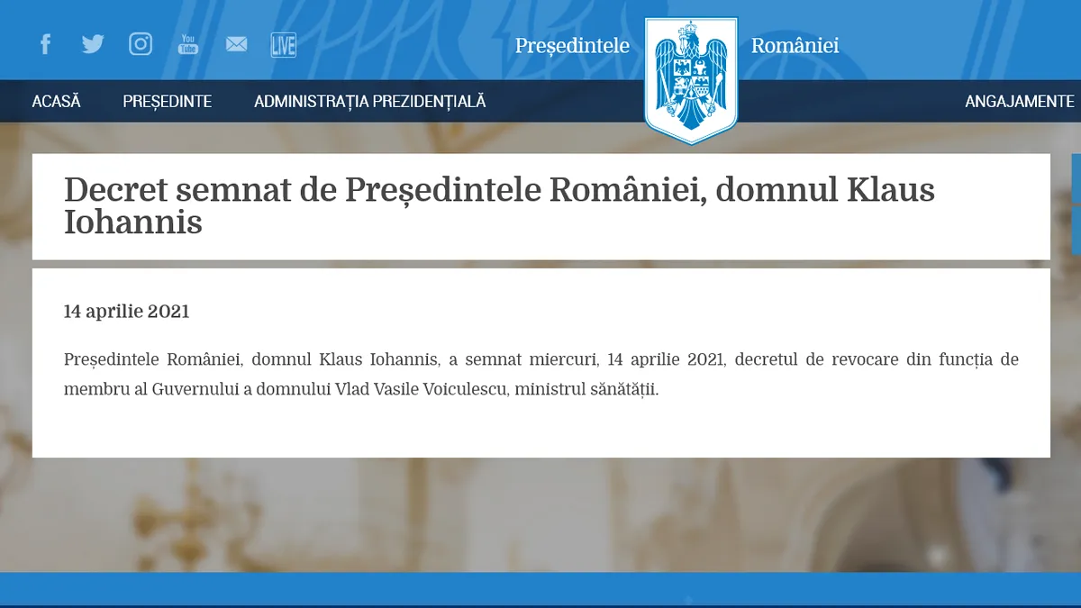 Iohannis a semnat decretul de revocare a ministrului Sănătății