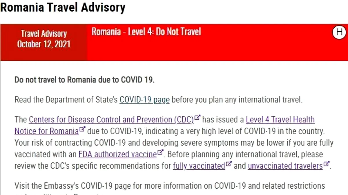Departamentul de Stat al SUA: Nu călătoriți în România!