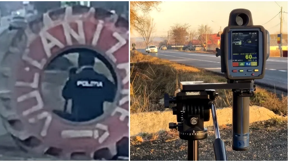 Polițist cu radar ascuns într-o anvelopă de tractor pe care scrie 