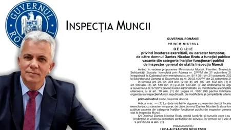 UPDATE. Oficial: Dantes Nicolae Bratu, șeful numit ilegal la Inspecția Muncii, demis de premierul Luca Niculescu