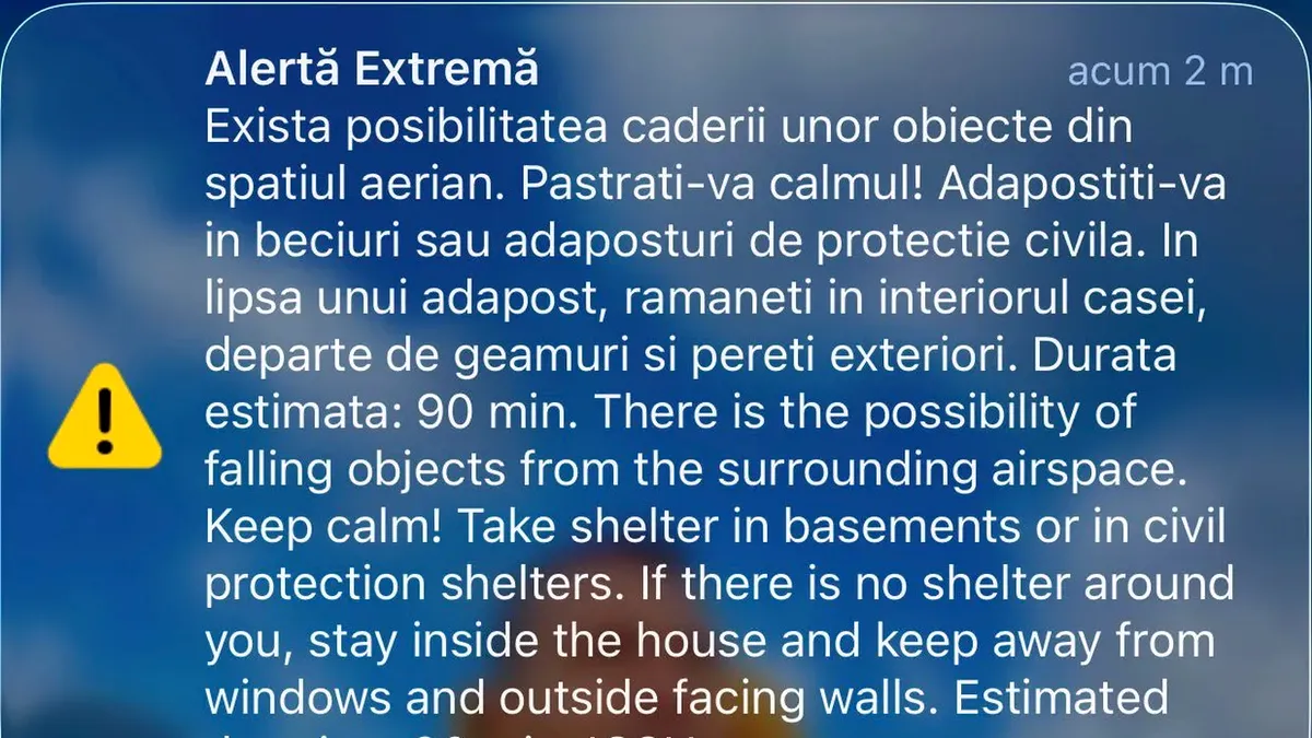RO-Alert emis în nordul județului Tulcea: posibile obiecte căzute din spațiul aerian