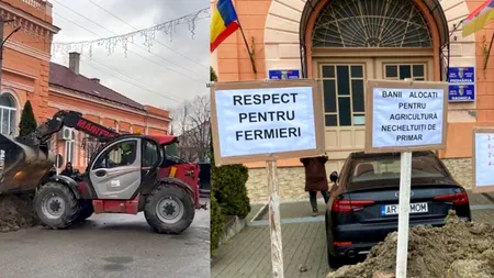 Fermierii au turnat mai multe basculante cu pământ în fața Primăriei din Arad