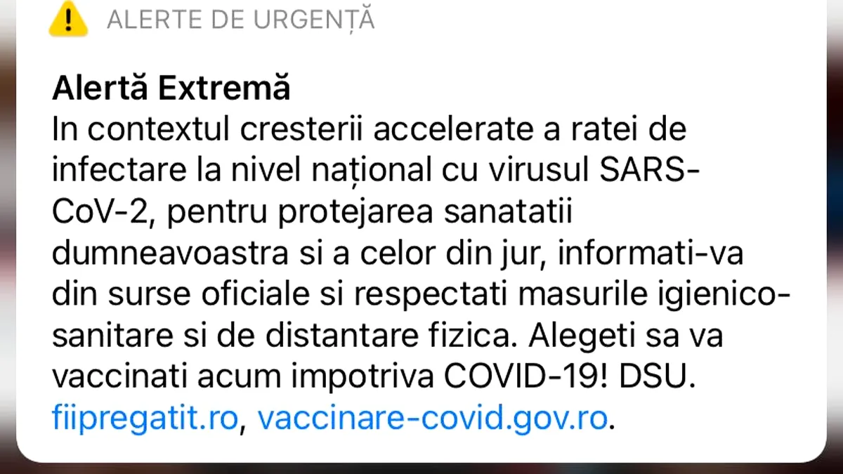 Mesaj RO Alert în Capitală din cauza creșterii cazurilor de Covid-19: Alegeți să vă vaccinați acum!