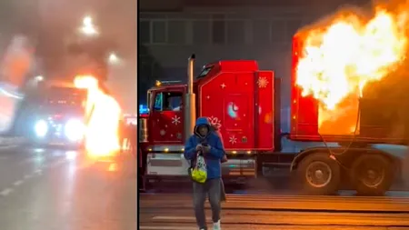 TIR-ul lui Moș Crăciun de la Coca Cola a luat foc în București(VIDEO)