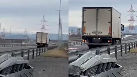 Șofer de camion, filmat în timp ce conduce cu spatele pe autostradă, în zona Turda-Sebeș
