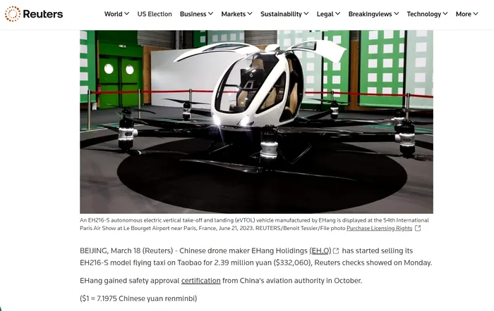 Reuters anunța la începutul anului prețul unui taxi zburător, dronă-taxi: 332.060 de dolari americani