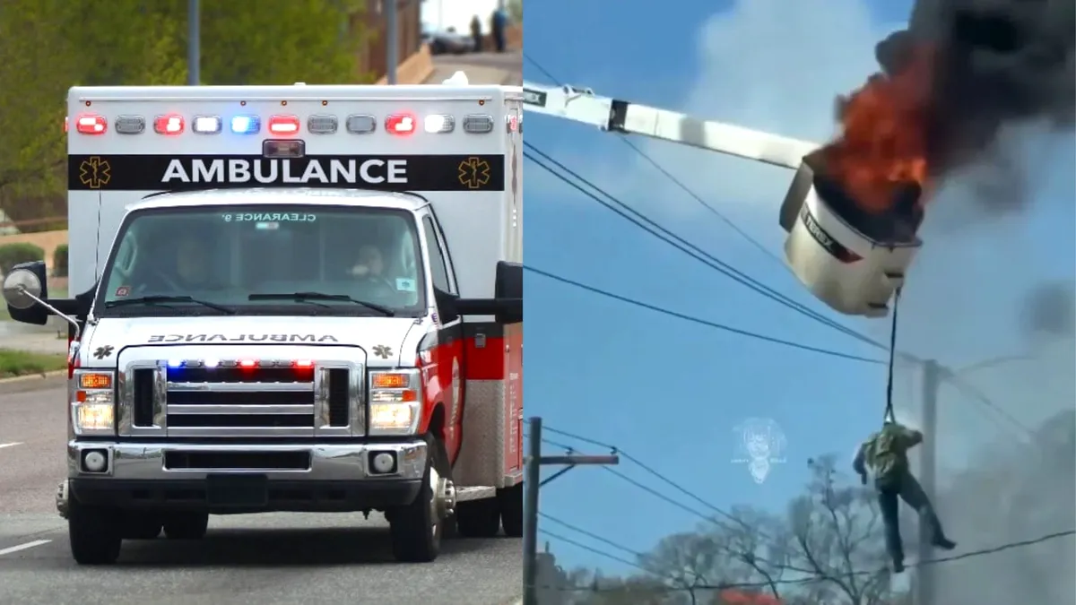 Moment șocant: un muncitor atârnă de o macara în flăcări (VIDEO)