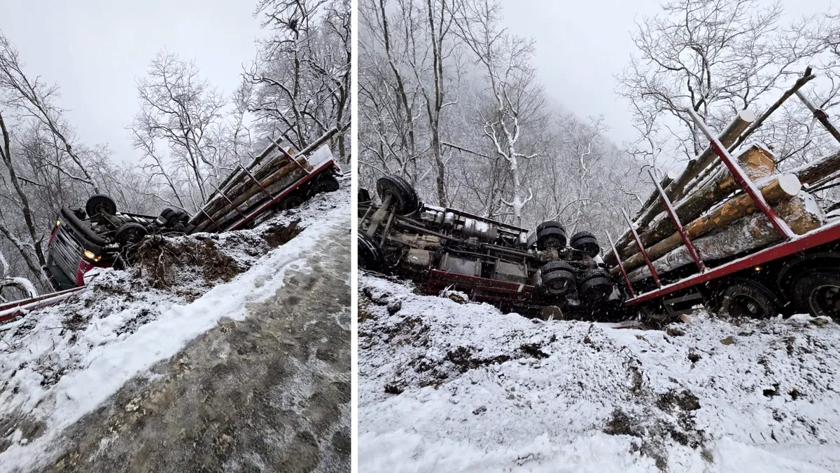 Accident în Sibiu: un camion cu lemne a căzut într-o prăpastie (VIDEO)