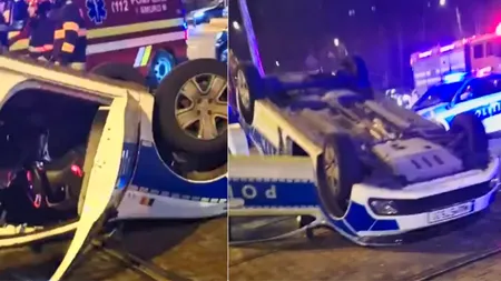 Accident rutier în București: Mașină de poliție, răsturnată în timpul unei misiuni