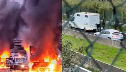 Jaf spectaculos pe autostradă. Un comando armat a furat milioane de euro din două vehicule blindate VIDEO