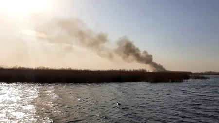 Arde Delta Dunării. Mii de hectare de stuf sunt în flăcări