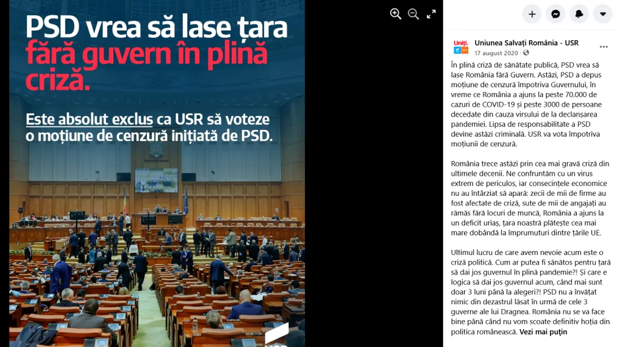 Dubla măsură USR: Numea „criminal” gestul PSD de a da jos guvernul în pandemie