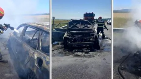 Mașină cuprinsă de flăcări pe autostrada A1. Doi adulți și un copil au apucat să se salveze
