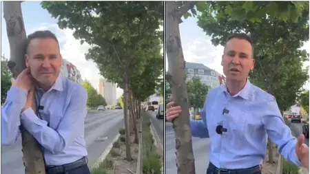 Negoiță a luat în brațe un copac în centrul Bucureștiului: Domnule Nicușor, ăștia sunt copacii ilegali. N-am să vă las să-i scoateți