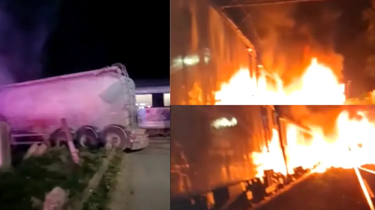 Tren în flăcări la Filipești. 200 de călători au fost evacuați după ce o autocisternă s-a ciocnit de unul dintre vagoane